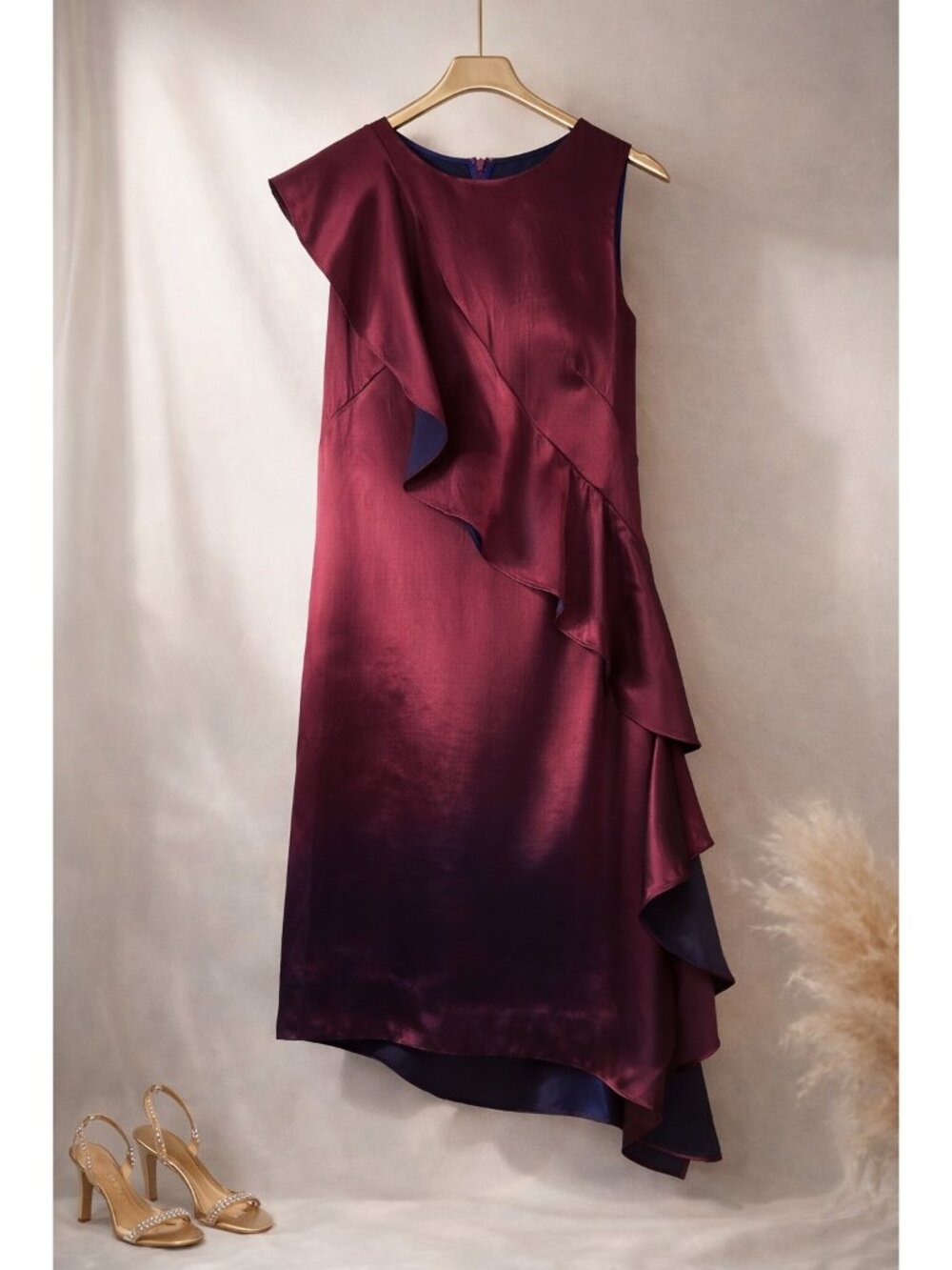 Diane Von Furstenberg Sleeveless Crossbody Ruffle Dress Aubergine Satin Size 6